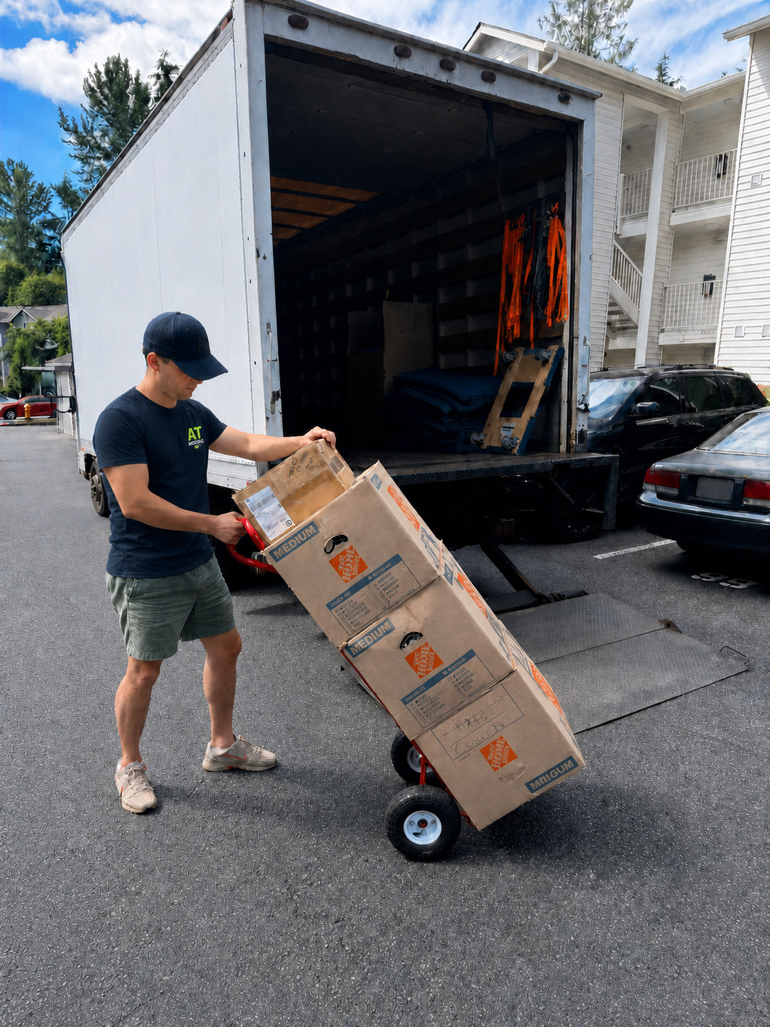 AT Moving crew member in a navy uniform wheels packed boxes toward a white box truck outside an apartment building.